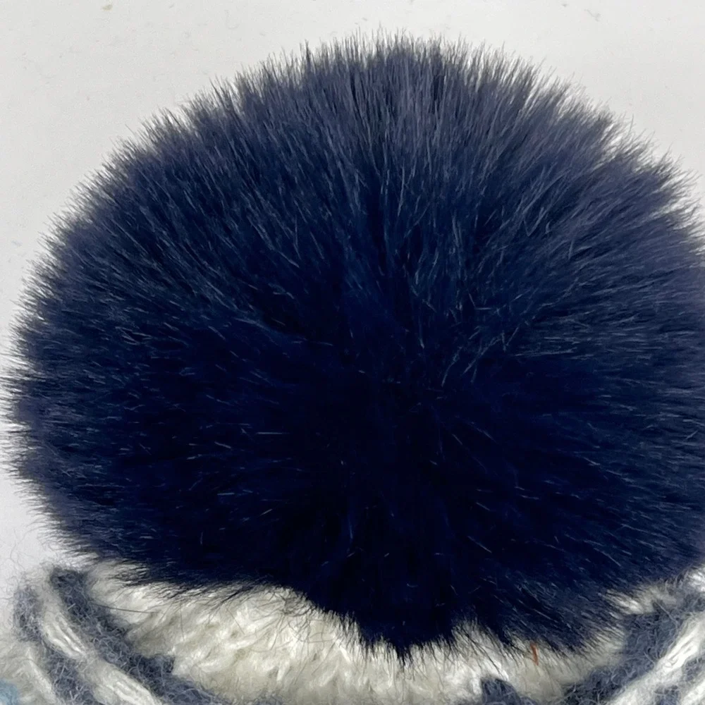 Steve Madden Womens‎ Fair Isle Knit Beanie Navy Grey Faux Fur Pom Pom One Size